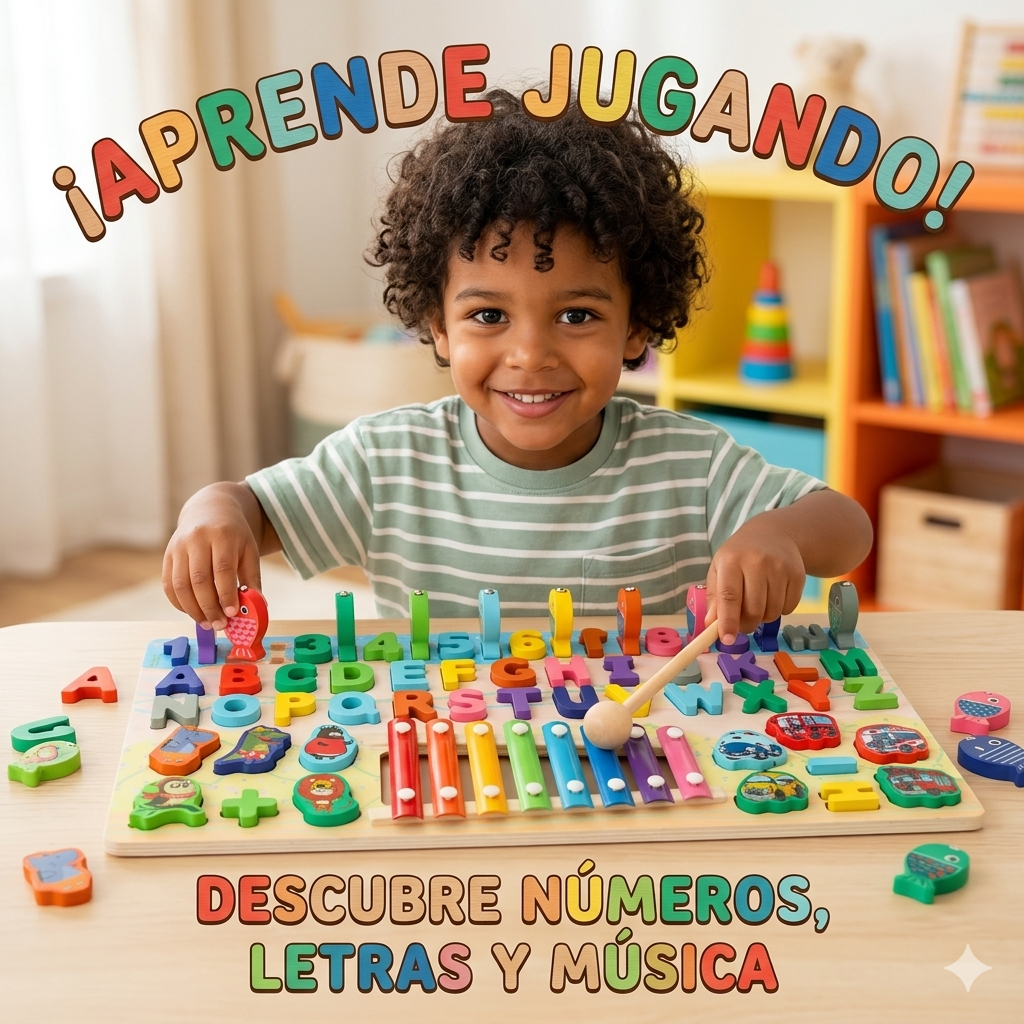 Tablero Didáctico Montessori 3 en 1 – Abecedario, Números y Xilófono para Niños