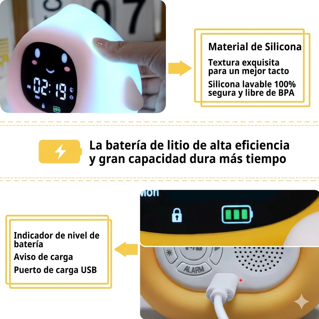 Reloj Infantil Entrenador de Sueño con Luz Nocturna y Sonidos Relajantes