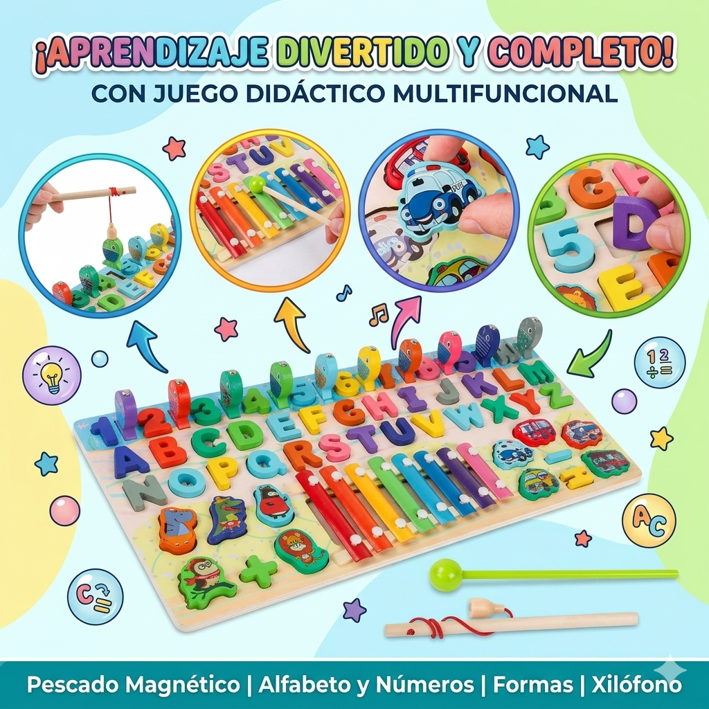 Tablero Didáctico Montessori 3 en 1 – Abecedario, Números y Xilófono para Niños