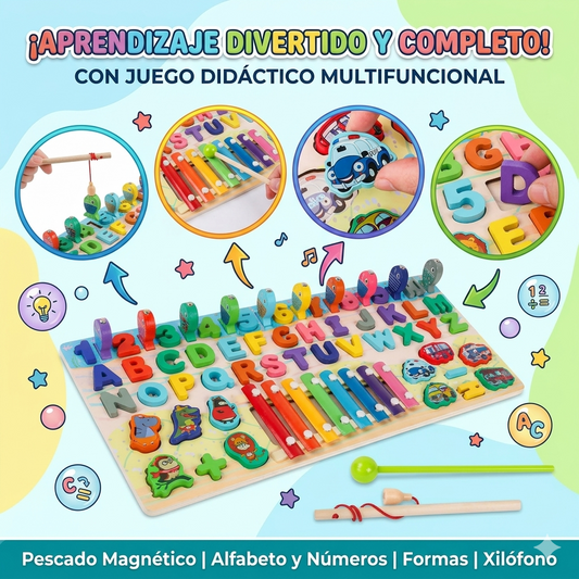 Tablero Didáctico Montessori 3 en 1 – Abecedario, Números y Xilófono para Niños